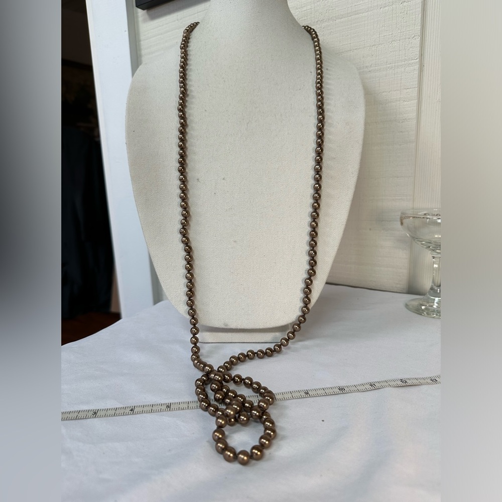 Long hand knotted taupe brown pearl bead necklace